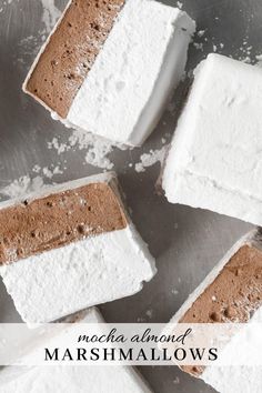 marshmallows on a metal surface with the words mocha almond marshmallows