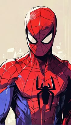 a spider - man is standing in front of a cityscape with his hands on his hips