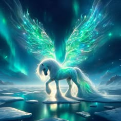 a white horse with green wings standing on an ice floet in the night