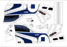 paper model of a blue and white car with cut out parts on the front, side, and back sides