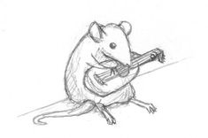 a drawing of a rat playing the guitar and holding it's tail in its paws