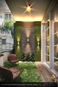 an outdoor room with grass and plants on the walls