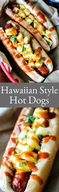 hawaiian style hot dogs with toppings on them