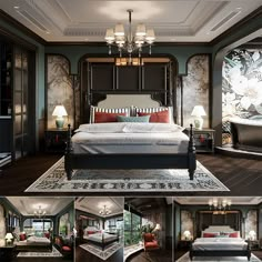 a collage of photos showing the interior of a bedroom with an ornate bed and chandelier