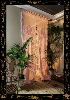 a living room filled with lots of plants next to a window covered in sheer curtains