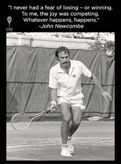 a man holding a tennis racquet on top of a tennis court with a quote above it