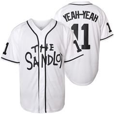 a white baseball jersey with the words yeah yeah and the sandlots on it