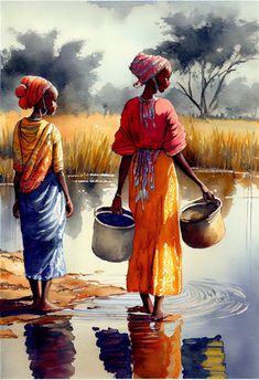 two women are walking in the water carrying buckets