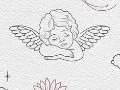 a drawing of an angel with wings and flowers