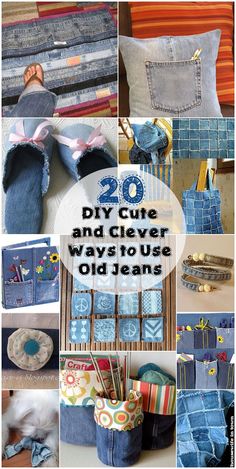 denim crafts and sewing projects are featured in this collage with the words 20 diy creative