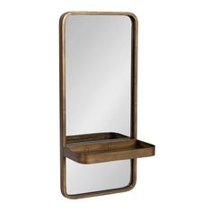 a wooden shelf with a mirror on it and a drawer under the mirror for storage