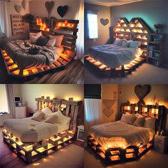 three different pictures of a bed made out of pallets with lights on them and some pillows in the shape of hearts