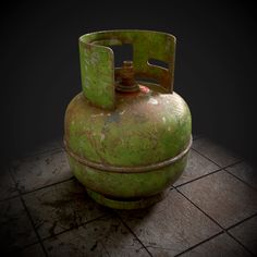 an old green gas tank sitting on top of a tiled floor