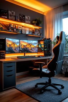 a chair sitting in front of a desk with two monitors