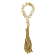 a long beaded necklace with tassels and beads on the end of it