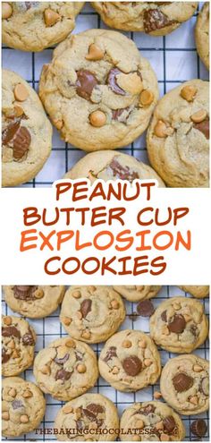 peanut butter cup explosion cookies on a cooling rack with text overlay that reads, peanut butter cup explosion cookies