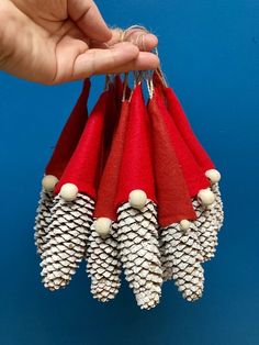 a hand is holding some red and white cones with pine cones attached to them, on a blue background