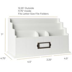 an image of a white file holder with five compartments and two dividers on each side