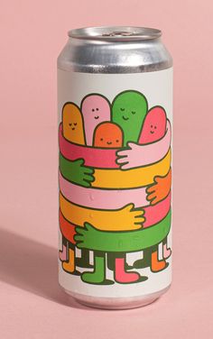 a can of soda on a pink background with an image of people hugging each other