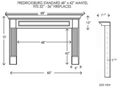 a drawing of a fireplace with measurements for the top and bottom, along with an image of