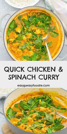 chicken and spinach curry in a pan with the words quick chicken and spinach curry