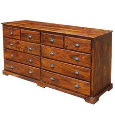 a wooden dresser with many drawers and knobs on the bottom drawer is made of wood