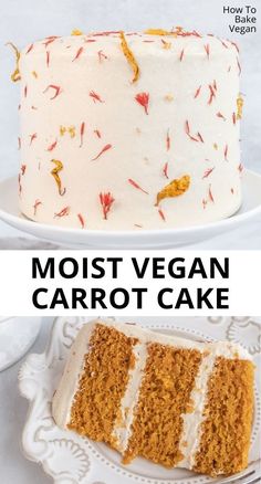 carrot cake with cream cheese frosting and the words, moist vegan carrot cake