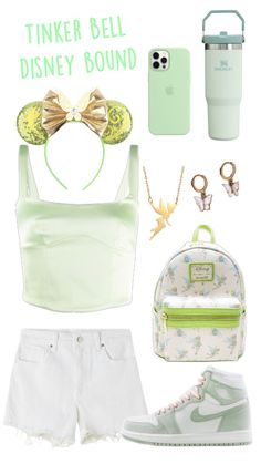 a green tank top, white shorts and sneakers are featured in this fashion lookbook