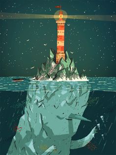 an illustration of a lighthouse on top of a rock in the ocean with birds flying around