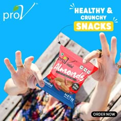 a woman holding up two snacks in front of her face with the words healthy and crunchy snacks on it