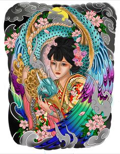 Japanese Peony Tattoo, Girl Back Tattoos, Anime Mermaid, Geisha Tattoo, Chicken Bird, Wolf Tattoo Design, Peonies Tattoo