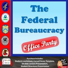 the federal bureauracy office party flyer with an image of a woman in red and blue