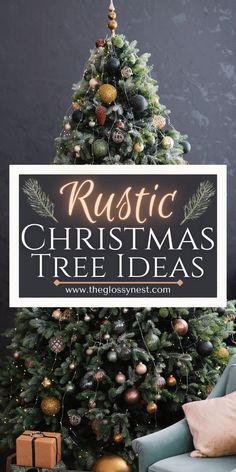 rustic christmas tree with bronze ornaments Christmas Tree Ideas Red And Gold Rustic, Elegant Rustic Christmas Tree, Natural Themed Christmas Tree, Woodland Creatures Christmas Tree, Wildlife Christmas Tree Ideas, Neutral And Red Christmas Tree, Burlap Christmas Tree Ideas, Natural Decorated Christmas Tree, Manly Christmas Tree