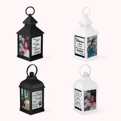 four different types of lanterns with pictures on the front and back, all in black