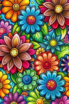 an image of colorful flowers on a blue and green background with lots of different colors