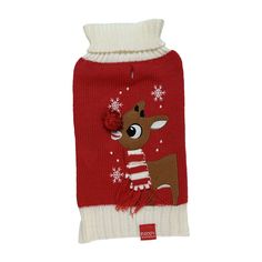 a red and white dog sweater with a reindeer on it