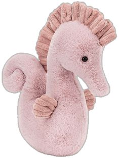 a pink sea horse stuffed animal on a white background