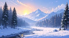 a painting of snow covered mountains and trees in the foreground with a river running through it