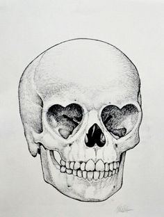 a black and white drawing of a skull with hearts on it's face,