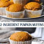 two different pictures of pumpkin muffins on a plate with the words, 2 ingredient pumpkin muffins