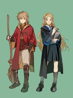 two anime characters standing next to each other with long blonde hair and wearing medieval clothing