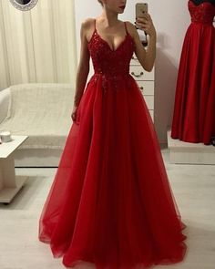 Red Long Prom Dress with Applique and Beading , Fashion Wedding Formal Dress BHD029 Winter Formal Dresses, Beaded Tulle, Red Evening Dress, Red Prom, Grad Dresses