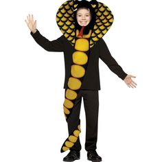 a young boy wearing a costume made to look like a snake