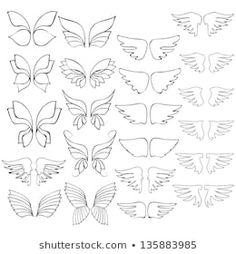 a set of different shapes and sizes of wings for tattoos or other designs on white background