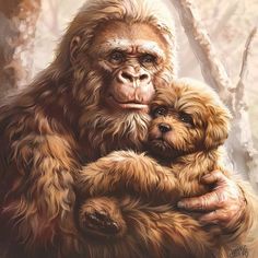 a painting of a gorilla holding a dog in his arms with trees in the background