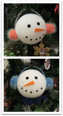 two pictures of a snowman ornament hanging from a christmas tree