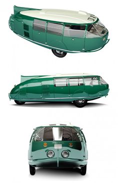 three different views of a green bus with white roof and side doors, from the front to the back