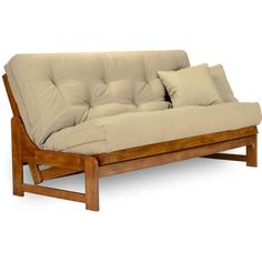 a futon sofa with two pillows on it's back and one arm extended