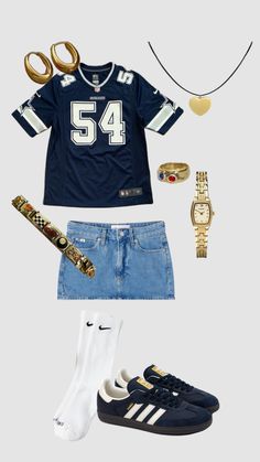 Dallas Cowboys Jersey Outfit, Cowboys Jersey Outfit, Sza Concert Outfit, Going Out Outfit Ideas, Sambas Outfit, Denim Mini Skirt Outfit, Cowboys Jersey, Dallas Cowboys Jersey, Skirt Inspiration