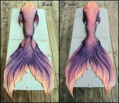 two pictures of a mermaid tail with pink and purple colors on it, one in the shape of a fish